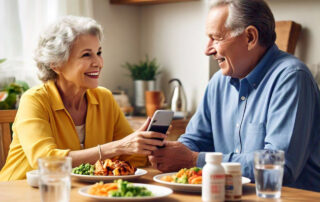 Senior couple enjoying a nutritious meal together, with medication bottles nearby looking at a phone