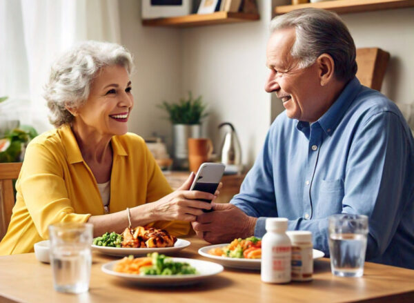 Senior couple enjoying a nutritious meal together, with medication bottles nearby looking at a phone